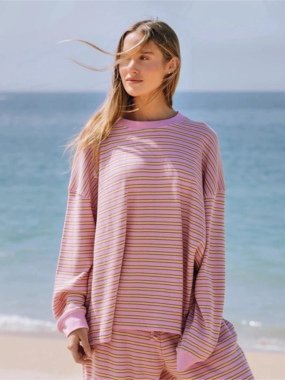 Daily Drills Oversized Thermal Long Sleeve
Color: Sunny + Coco Stripe
Size: XS/S
